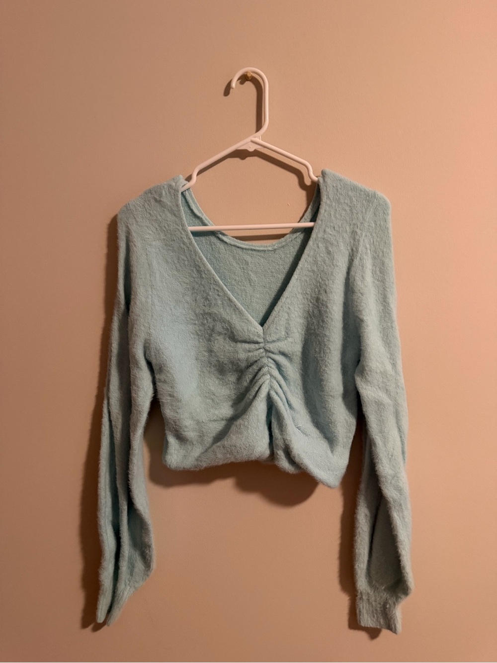 Light Teal, V-neck, Cropped Sweater